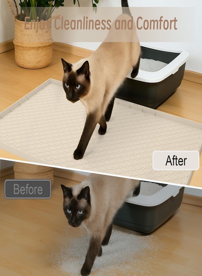 BLESWIN Large Cat Litter Mat 34"x22", Cat Litter Trapping Mat For Litter Box, Silicone Pet Feeding Mat With Raised Edges Waterproof, Beige - Image 4